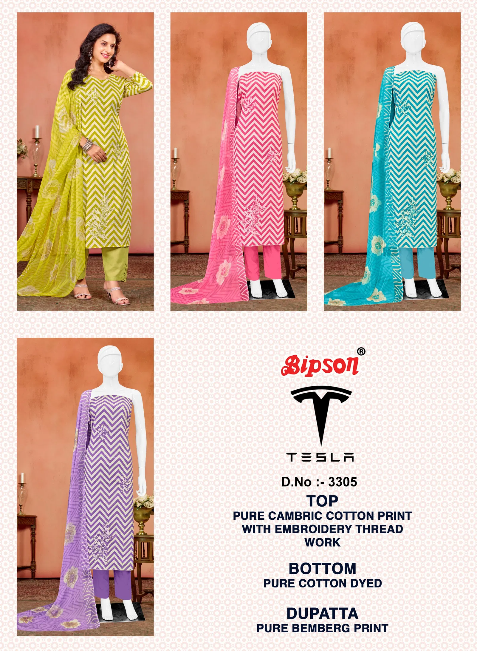 Tesla  3305 By Bipson Pure Cotton Print With Embroidery Dress Material Wholesale Suppliers In Mumbai